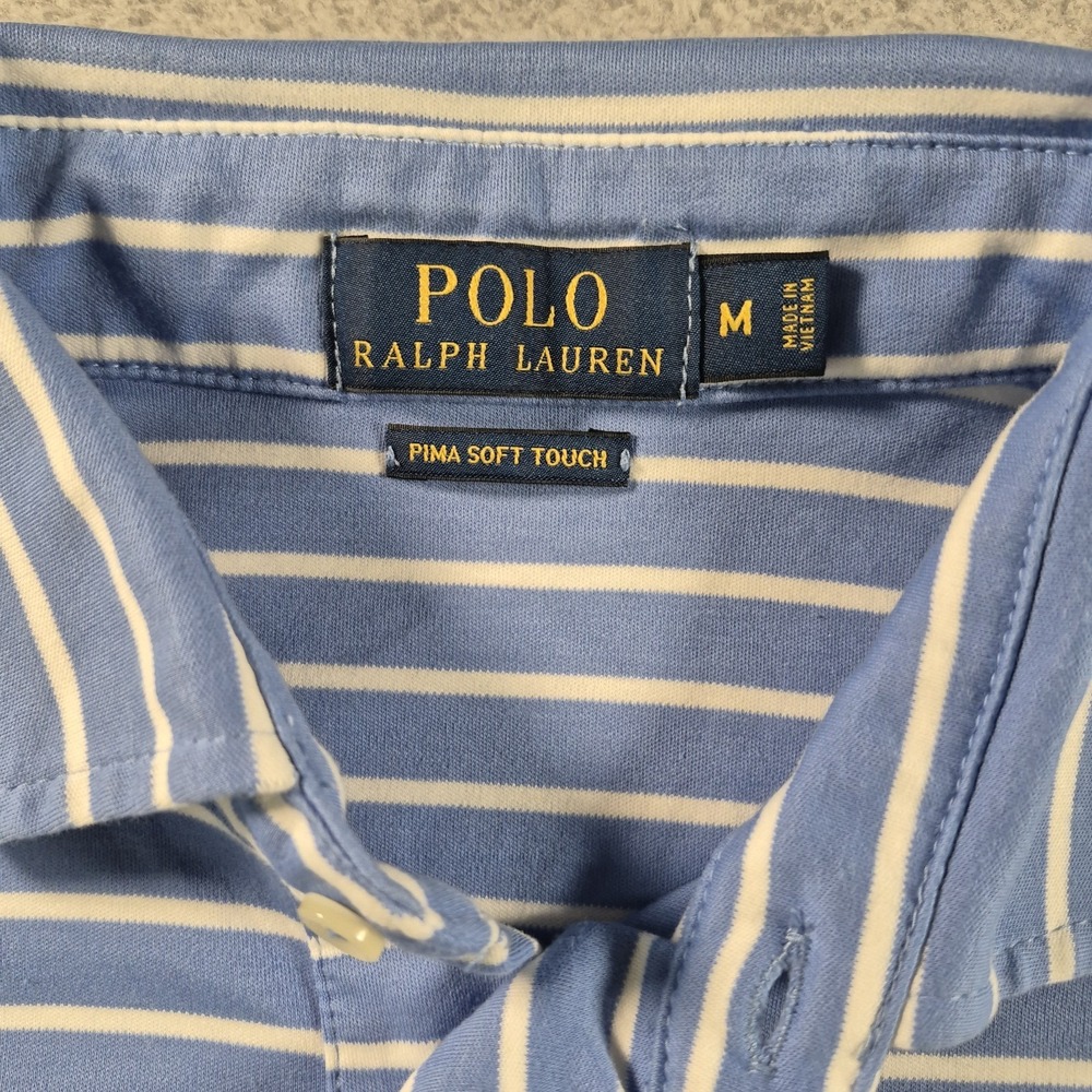 Ralph Lauren Polo Shirt Size Medium Mens Blue Stripe Pima Soft Touch - Picture 3 of 6
